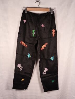 C.J. Laing 100% Linen Sea Life Black Embroidered Pants Size 4